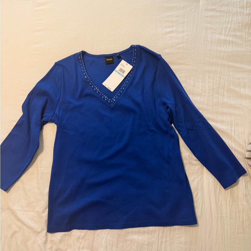Rafaella Blue 3/4 Sleeve Blouse V-Neck Relaxed Fit